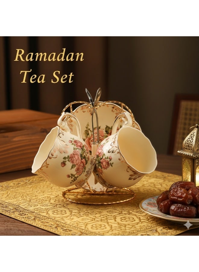 مجموعة شاي سيراميك فاخرة من نمط روز (2 كوب + 2 صحن + 2 ملعقة + 1 حامل) - للاستخدام المنزلي والضيف في شهر رمضان - Image 1